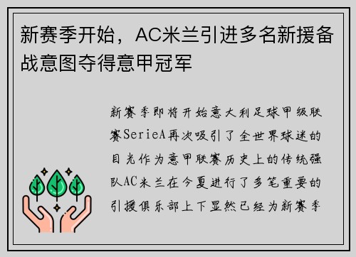 新赛季开始，AC米兰引进多名新援备战意图夺得意甲冠军
